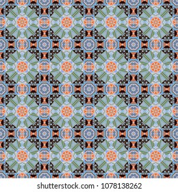 Textile design texture. Ethnic tracery for print on textile. With saturated shapes in gray, brown and blue colors. Vector illustration. Seamless pattern abstract background.
