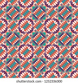 Textile design texture. Ethnic tracery for print on textile. Seamless pattern abstract background. Vector illustration. With saturated shapes in orange, violet and blue colors.