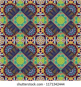 Textile design texture. Seamless pattern abstract background. Vector illustration. With saturated shapes in gray, brown and blue colors. Ethnic tracery for print on textile.