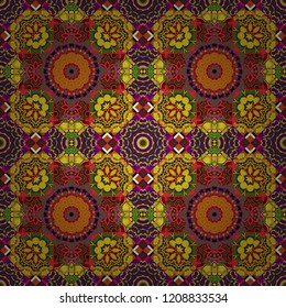 Textile design texture. Vector illustration. Ethnic tracery for print on textile. With saturated shapes in orange, green and brown colors. Seamless pattern abstract background.