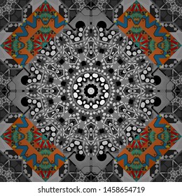 Textile design texture. Vector illustration. Ethnic tracery for print on textile. Seamless pattern abstract background. With saturated shapes in orange, gray and blue colors.