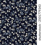 textile design three-tone dark background solid abstract small jasmine flower pattern, all-over seamless vector motif with blue and yellow tone color illustration digital image prints