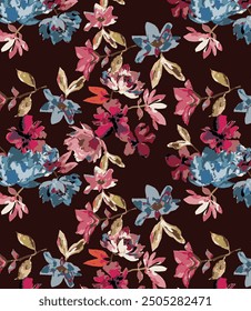 textile design three-tone dark red background solid abstract cute roses and hibiscus flower, all-over seamless vector pattern with blue and red tone color illustration digital image printing fabric