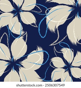 A textile design in vector of hand drawing patterns. Floral textile tropical bicolor flower and leaves miniprint andThe arrangement of the flowers is balance
