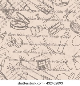 Textile design, wallpaper, faded text, cosmetics seamless pattern on beige background