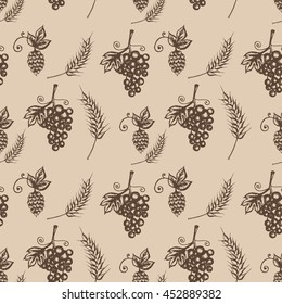 Textile design, wallpaper, hand drawn illustration of grapes, hop, barley, seamless pattern on beige background