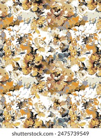 textile design white background abstract monochrome big and small hibiscus flowers, all-over seamless pattern with white and orange tone color illustration digital image printing factory