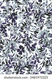 textile design white background solid abstract monochrome three-color big chrysanthemum flower, all-over vector pattern with purple and gray tone color illustration digital image printing fac