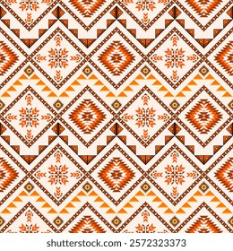 A textile design with zigzag geometric patterns. It features symmetrical diamond shapes, tribal motifs, and intricate detailing on a cream background. Vector seamless Navajo geometric ethnic pattern