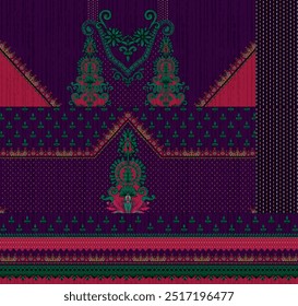 Textile digital design ethnic motif pattern border front back and dupatta fabric use in textile.