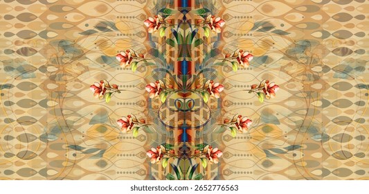 Um desenho digital têxtil artesanal arte abstrata estilo vintage tradicional tatuador paredes texturizadas motivo gramíneas ornamentais e mulheres Indiana bordas padrão clássico conjunto de papéis de parede damasco 