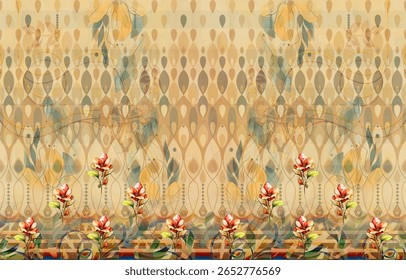 Um desenho digital têxtil artesanal arte abstrata estilo vintage tradicional tatuador paredes texturizadas motivo gramíneas ornamentais e mulheres Indiana bordas padrão clássico conjunto de papéis de parede damasco 