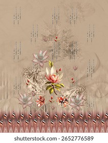 Um desenho digital têxtil artesanal arte abstrata estilo vintage tradicional tatuador paredes texturizadas motivo gramíneas ornamentais e mulheres Indiana bordas padrão clássico conjunto de papéis de parede damasco 