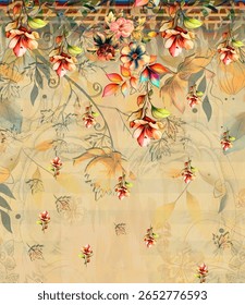 Um desenho digital têxtil artesanal arte abstrata estilo vintage tradicional tatuador paredes texturizadas motivo gramíneas ornamentais e mulheres Indiana bordas padrão clássico conjunto de papéis de parede damasco 