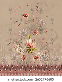 Um desenho digital têxtil artesanal arte abstrata estilo vintage tradicional tatuador paredes texturizadas motivo gramíneas ornamentais e mulheres Indiana bordas padrão clássico conjunto de papéis de parede damasco 