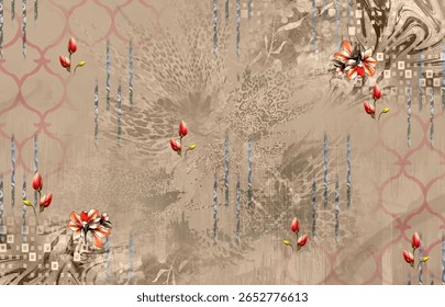Um desenho digital têxtil artesanal arte abstrata estilo vintage tradicional tatuador paredes texturizadas motivo gramíneas ornamentais e mulheres Indiana bordas padrão clássico conjunto de papéis de parede damasco 
