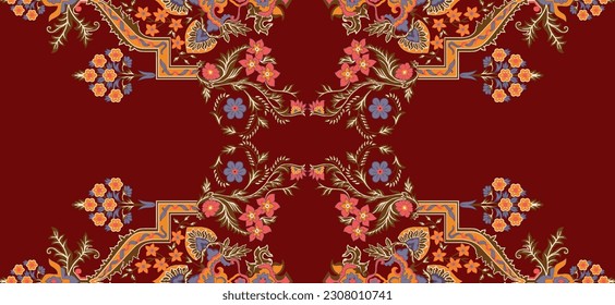 Textile digital design motif Colorful embroidery lace border design, black background, digital and textile print on fabric, flower artwork illustration ikat paisley rugs wallpapers gift card.