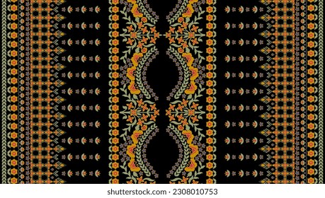 Textile digital design motif Colorful embroidery lace border design, black background, digital and textile print on fabric, flower artwork illustration ikat paisley rugs wallpapers gift card.