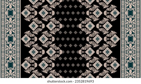 Diseño digital textil decoración de diseño borde alfombras de ikat adornos paisajistas con el destino de flores de lujo y obras de arte hechas a mano de forma barroca, abstracta ropa vintage impresa en tela.