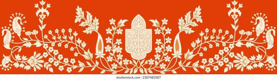 Textile Digital design motif ornament ikat ethnic baroque handmade artwork abstract pattern decor retro style flower details suitable for women cloth front back dupatta used in fabric textile designs.