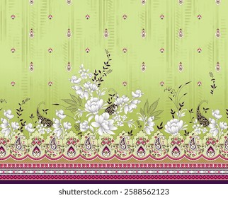 Textile digital design Mughal motif ikat ethnic set of damask pattern decor border hand made artwork suitable for frame gift card wallpaper women cloth front back and dupatta used in fabric industry.