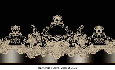 Textile digital design Mughal motif ikat ethnic set of damask pattern decor border hand made artwork suitable for frame gift card wallpaper women cloth front back and dupatta used in fabric industry.