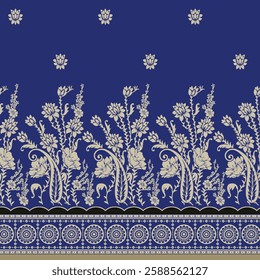 Textile digital design Mughal motif ikat ethnic set of damask pattern decor border hand made artwork suitable for frame gift card wallpaper women cloth front back and dupatta used in fabric industry.