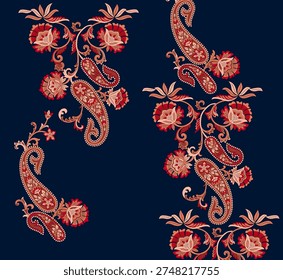A Textile digital design Mughal motif decor ornament ethnic border pattern luxury flowers Ikat element traditional tattoo artist crossstitch seamless watercolor painting handmade artwork abstract shape wallpaper gift card frame for women's clothing front back with dupatta used in fabric industry.....etc.