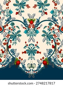 A Textile digital design Mughal motif decor ornament ethnic border pattern luxury flowers Ikat element traditional tattoo artist crossstitch seamless watercolor painting handmade artwork abstract shape wallpaper gift card frame for women's clothing front back with dupatta used in fabric industry.....etc.