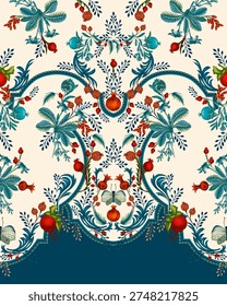 A Textile digital design Mughal motif decor ornament ethnic border pattern luxury flowers Ikat element traditional tattoo artist crossstitch seamless watercolor painting handmade artwork abstract shape wallpaper gift card frame for women's clothing front back with dupatta used in fabric industry.....etc.
