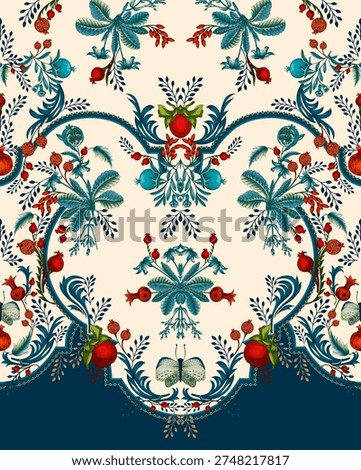 A Textile digital design Mughal motif decor ornament ethnic border pattern luxury flowers Ikat element traditional tattoo artist crossstitch seamless watercolor painting handmade artwork abstract shape wallpaper gift card frame for women's clothing front back with dupatta used in fabric industry.....etc.