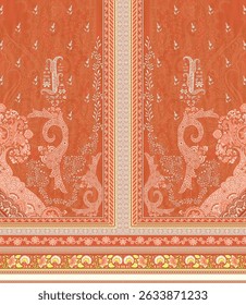 A textile digital Mughal art Flora ornament element motif border pattern indian classical front back and dupattay print in febric industry handmade flowers retro textured skin wall paper towels etc.
