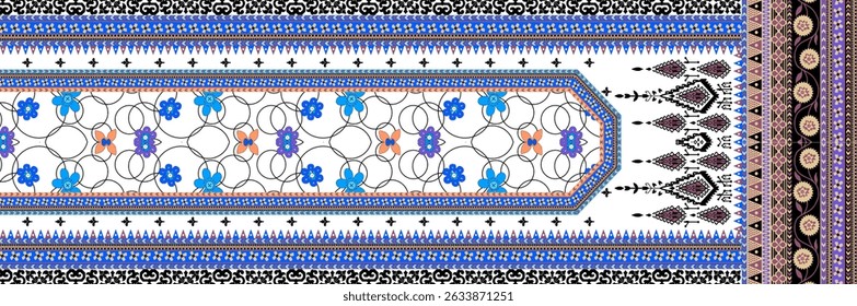 A textile digital Mughal art Flora ornament element motif border pattern indian classical front back and dupattay print in febric industry handmade flowers retro textured skin wall paper towels etc.