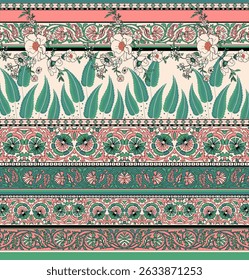 A textile digital Mughal art Flora ornament element motif border pattern indian classical front back and dupattay print in febric industry handmade flowers retro textured skin wall paper towels etc.