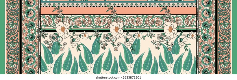 A textile digital Mughal art Flora ornament element motif border pattern indian classical front back and dupattay print in febric industry handmade flowers retro textured skin wall paper towels etc.
