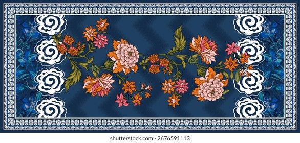 Patrón digital textil de Mughal, flor floral decorativa asiática sin costuras Diseño de borde. Diseño de borde floral de flor de Vector, conjunto de tarjeta de regalos de Fondo de pantalla de Damasco Motivo de frontera Ornamento Elemento Kurtis estilos