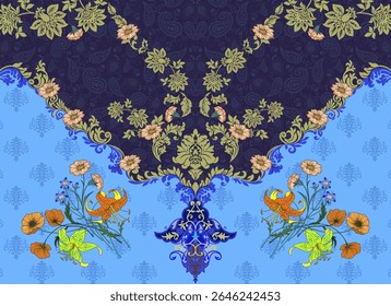 Textile digital Mughal pattern set of damask wallpaper gifts card for women Indiana border classical texture traditional tattoo artist motif ornament element Kurtis style ethnic groups background etc.