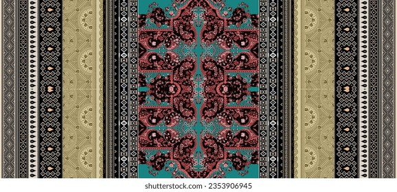 Textile digital pattern motif handmade drown ikat rugs paisley print in fabric.