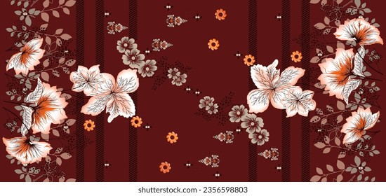 Textile digital pattern motif style handmade drown print in fabric.