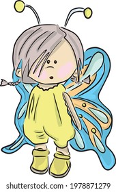 Textile doll butterfly. Colored vector illustration for cutting and decoration. Character for the postcard, cake topper. T-shirt print.