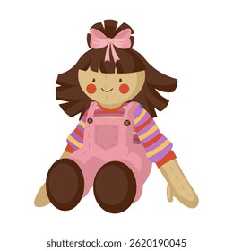 Textile doll in flat design. Funny soft puppet toy in clothing for girl. Vector illustration isolated.