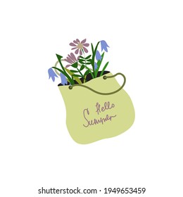 Textile eco bag with flowers. Hello summer card, poster, print. Vector design illustration.