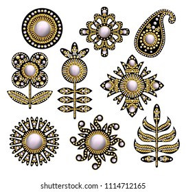 Textile embroidered patches with sequins, beads and pearls. Vector illustration.