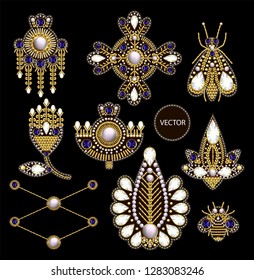 Textile embroidered patches with sequins, beads and pearls. 
