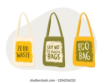 Textile environmentally friendly reusable shopping bags with lettering Say No To Plastic Bags, Eco Bag, Zero waste handwritten with modern funky font on it. Colorful hand drawn vector illustration.