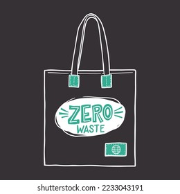 Textile environmentally friendly reusable shopping bags with lettering Zero Waste on black background