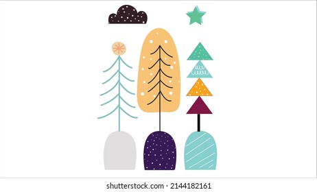 textile fabric design for winter clothes. winter trees, leaves, clouds and stars.