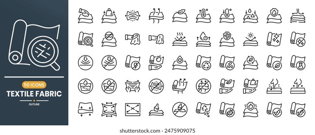 Textile and Fabric Feature vector line icon set. Containing Waterproof, Silk, Leather, Soft, Lightweight, Cloth, Wool, Synthetic. Can use for web, infographic, social media, apps. Editable stroke.