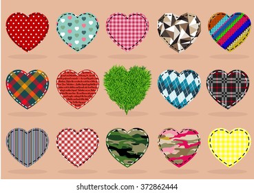 Textile Fabric Grass Polygonal Embroidery and other miscellaneous hearts set