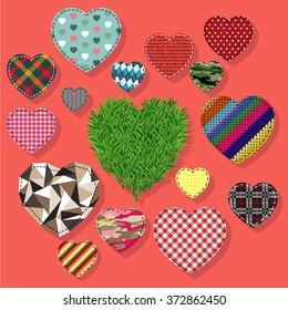 Textile Fabric Grass Polygonal Embroidery and other miscellaneous hearts set